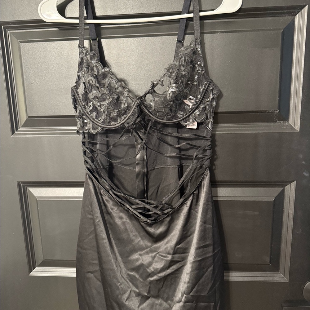Victoria's Secret Black Satin Chemise with Lace Detail